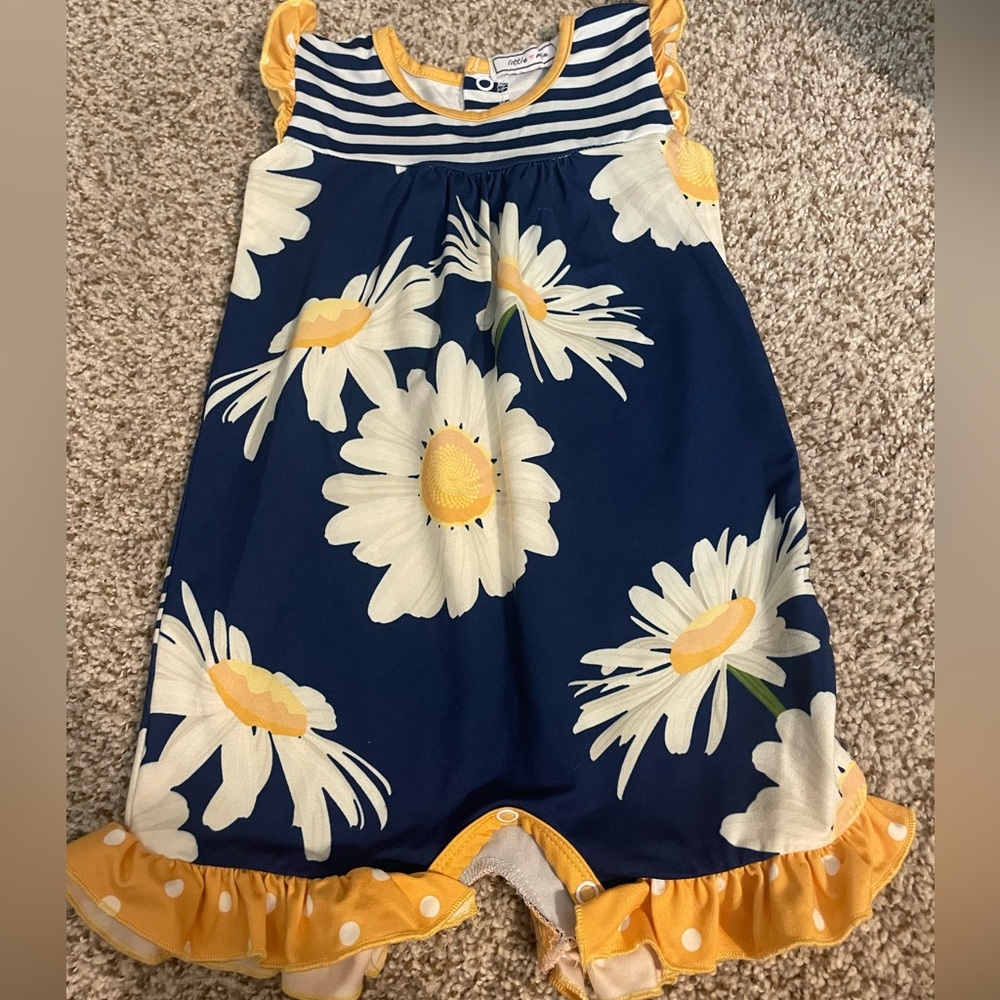 Little Me Navy Blue Floral Daisy One-Piece with Yellow Accents